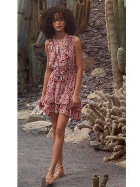 MISA Eba Ruffled Mini Dress Animal Floral Size S Tiered Sheer Lined Red Feminine